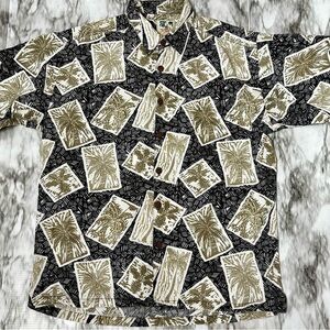 Vintage Made In Hawaii Black Tan Patterned Button Shirt Linen Blend Palm Trees
